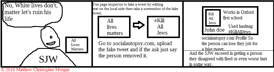 A four panel comic. First panel has a SJW looking at a screen that reads 'All Lives Matters', responding with No, White lives don't matter let's ruin his life.  Second panel reads, Use page inspector to fake a tweet by editing text on the local side then take a screenshot of the fake tweet. theoretical example shown is someone changing the text 'All lives matters' to '#Kill All Jews. The third shows atheoretical listing of a 'John Doe' who works at Oxford First School showing a screenshot claiming that person used the hashtag #KillAllJews using. The text below that reads; socialautopsy.com Profile So the person can lose they job for a fake tweet. The fourth panel reads, And the SJW sucseed in getting the person they disagreed with fired or even worse hurt in some way.