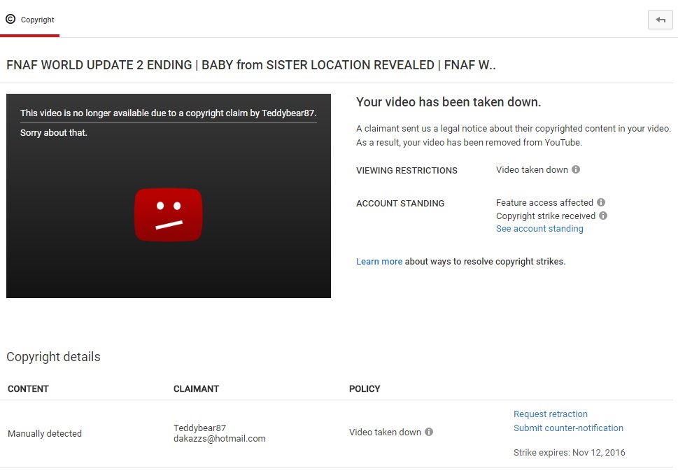Screenshot of the YouTube copyright screen, showing video 'FNAF WORLD UPDATE 2 ENDING' being taken down by a manual copyright claim by Teddybear87.
