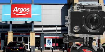 Argos store front with a image of a generic action camera superimposed over it.