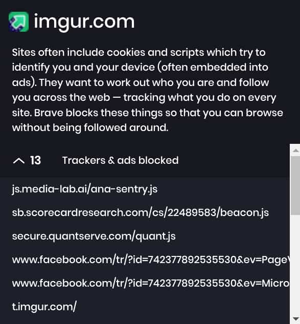 Brave showing page on imgur.com as the browser having blocked 13 trackers and ads
