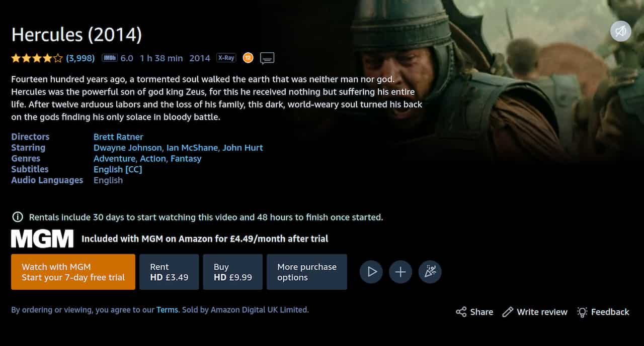 Amazon Prime Video store page for the movie Hercules