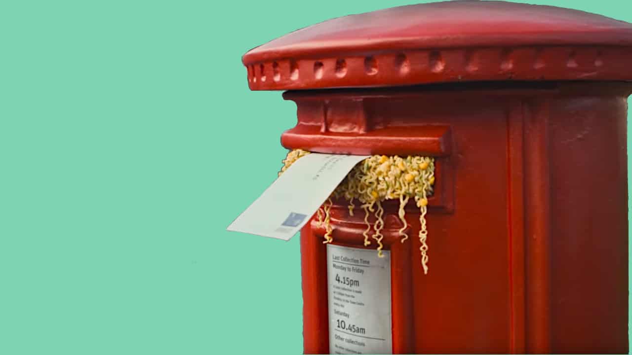 Post box, stuffed with instant noodles