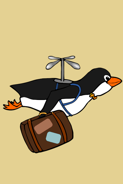 penguin with suitcase in 'hand' and helicopter blades on its' back.'