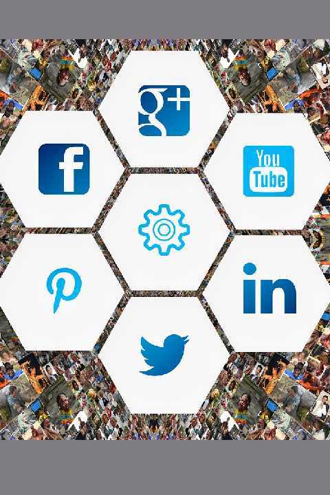 Socail media platform logos (Google+, Facebook, Pinterest, Twitter, Linkedin and YouTube) with random images behind.