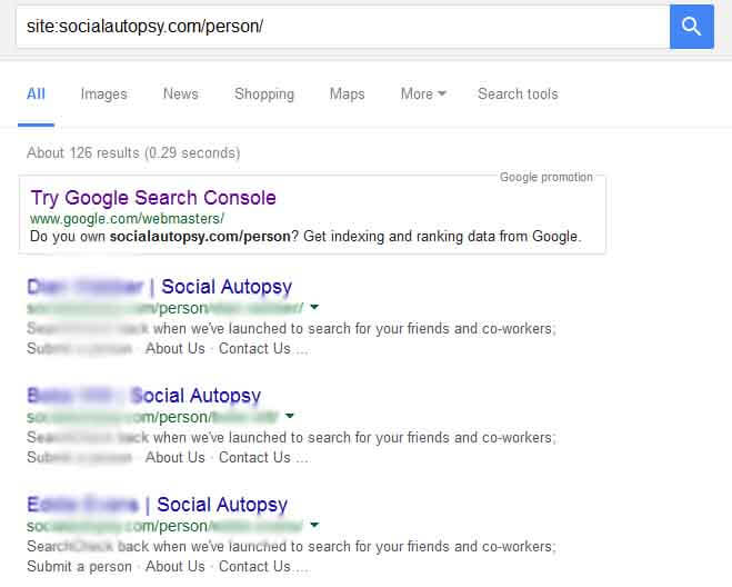 A Google search result for site:socialautopsy.com/person/, showing a number of profiles being publiclly available.